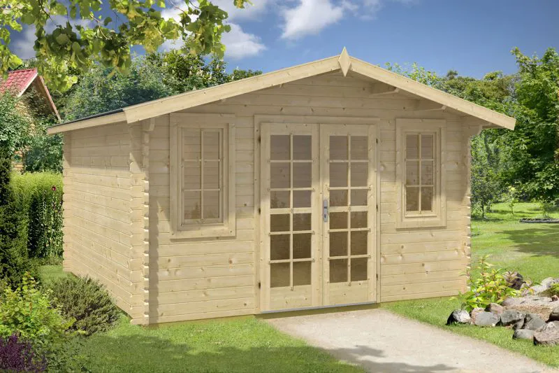 Holz-Gartenhaus 4,5 x 4,34 Meter (inkl. Dach) | 2 Fenster | 40 mm Blockbohlen |natur unbehandelt | Satteldach | inkl. Fußboden | aus nordischer Fichte Abbildung