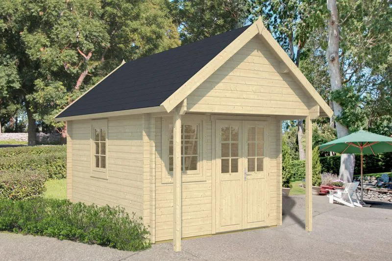 Holz-Gartenhaus 4,8 x 3,36 Meter (inkl. Dach) | 2 Fenster | 40 mm Blockbohlen |natur unbehandelt | Satteldach | inkl. Fußboden | aus nordischer Fichte Abbildung