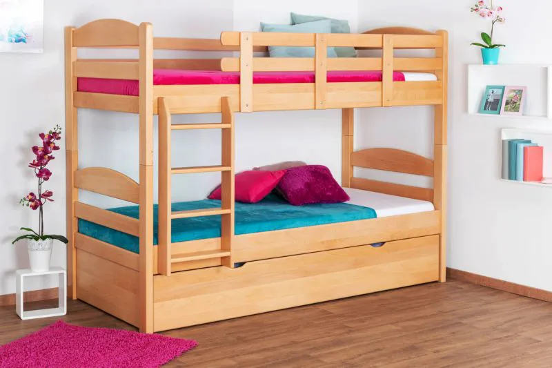 Massivholz Etagenbett inkl. Rollbett/Ausziehbett/Stauraum für Kinder und Jugendliche | Matratzenmaß: 90 x 200 cm | Natur Lackiert | umbaubar in 2 Einzelbetten | mit Rollbett | inkl. Rollroste Abbildung