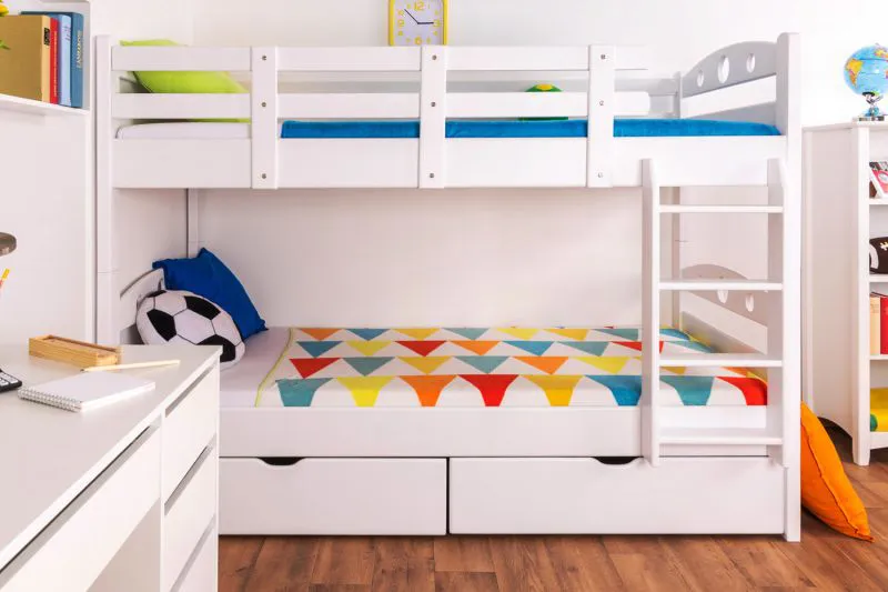 Massivholz Etagenbett inkl. Stauraum für Kinder und Jugendliche | inkl. 2 Schubladen | Matratzenmaß: 90 x 200 cm | Weiß Lackiert | umbaubar in 2 Einzelbetten | Premium-Qualität | inkl. Rollroste Abbildung
