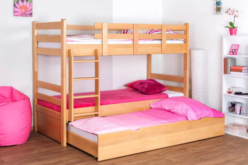 Massivholz Stockbett inkl. Rollbett/Ausziehbett/Stauraum für Kinder und Jugendliche | Matratzenmaß: 90 x 200 cm | Natur Lackiert | umbaubar in 2 Einzelbetten | mit Rollbett | inkl. Rollroste Abbildung