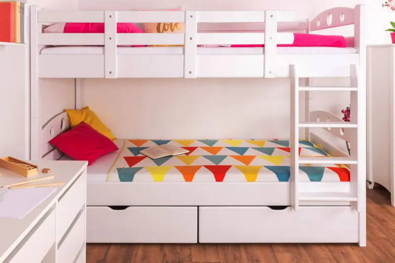 Funktions-Stockbett 90 x 200 cm mit 2 Schubladen als Stauraum | Massivholz: Buche | Weiß Lackiert | umbaubar in zwei Einzelbetten | Premium-Qualität | inkl. Rollroste Abbildung