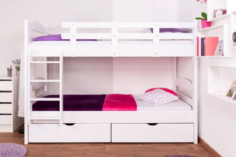 Massivholz Etagenbett inkl. Stauraum für Kinder und Jugendliche | inkl. 2 Schubladen | Matratzenmaß: 90 x 200 cm | Weiß Lackiert | umbaubar in 2 Einzelbetten | Premium-Qualität | inkl. Rollroste Abbildung