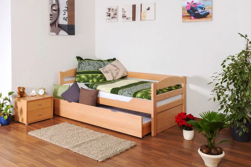 Bettrahmen für Kinder / Kinderbett 90 x 200 cm | Massivholz: Buche | Natur Lackiert | inkl. 2. Liegeplatz 90 x 190 cm ausziehbar und 2 Rollrost | besonders hohe Qualität Abbildung