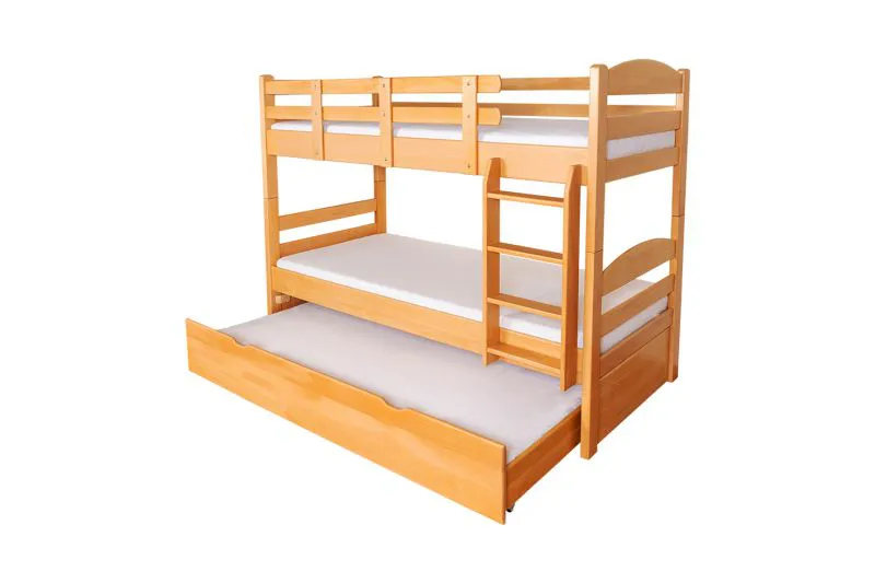 Massivholz Etagenbett inkl. Rollbett/Ausziehbett für Kinder und Jugendliche | Matratzenmaß: 90 x 200 cm | Natur Lackiert | umbaubar in 2 Einzelbetten | mit Rollbett | inkl. Rollroste Abbildung