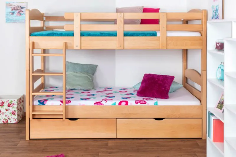 Funktions-Stockbett 90 x 200 cm mit 2 Schubladen als Stauraum | Massivholz: Buche | Natur Lackiert | umbaubar in zwei Einzelbetten | Premium-Qualität | inkl. Rollroste Abbildung