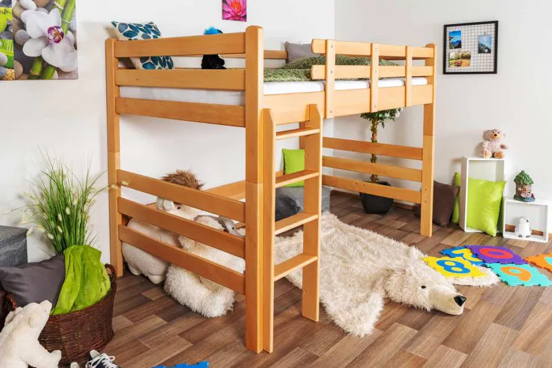 Massivholz Hochbett für Kinder | Matratzenmaß: 120 x 190 cm | Natur Lackiert | umbaubar in Einzelbett | Premium-Qualität | inkl. Rollrost Abbildung