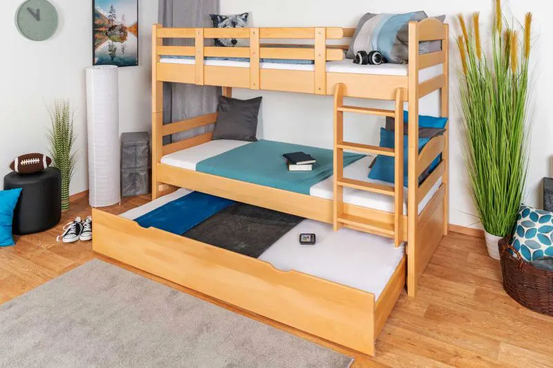 Kinderetagenbett 90 x 200 cm + Bettkasten/Stauraum/Ausziehbett | Massivholz: Buche | Natur Lackiert | umbaubar/teilbar in 2 Einzelbetten | inkl. Rollroste Abbildung