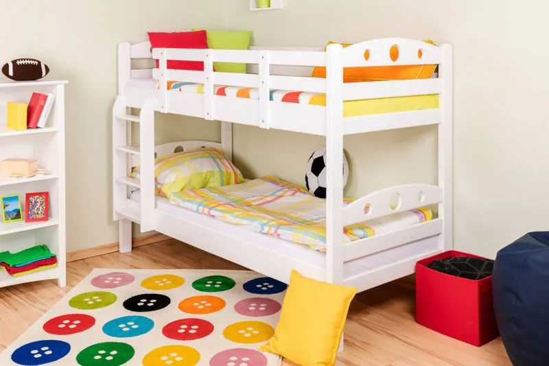 Kinderetagenbett 90 x 200 cm | Massivholz: Buche | Weiß Lackiert | umbaubar in 2 Einzelbetten | Premium-Qualität | inkl. Rollroste Abbildung