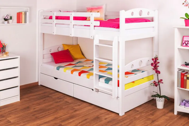 Kinderetagenbett inkl. Stauraum (2 Schubkästen) | 90 x 200 cm | Massivholz: Buche | Weiß Lackiert | umbaubar in 2 Einzelbetten | Premium-Qualität | inkl. Rollroste Abbildung