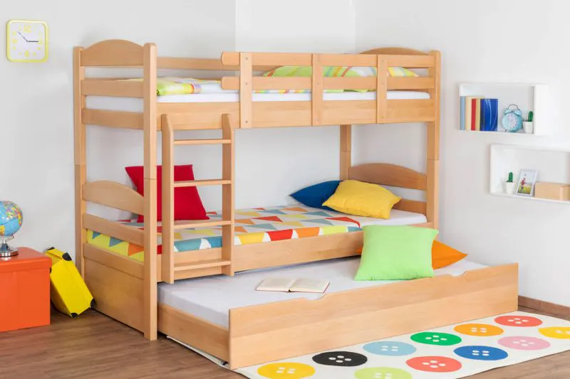 90 x 200 cm Kinderetagenbett inkl. Bettkasten als 3. Liegefläche | Massivholz: Buche | Natur Lackiert | umbaubar in 2 Einzelbetten | Bettkasten als Stauraum oder Liegefläche | inkl. Rollroste Abbildung