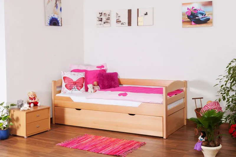 Kinderbett 90 x 200 cm mit Ausziehbett 90 x 190 cm | Massivholz: Buche | Natur Lackiert | inkl. 2. Liegeplatz 90 x 190 cm ausziehbar und 2 Rollrost Abbildung