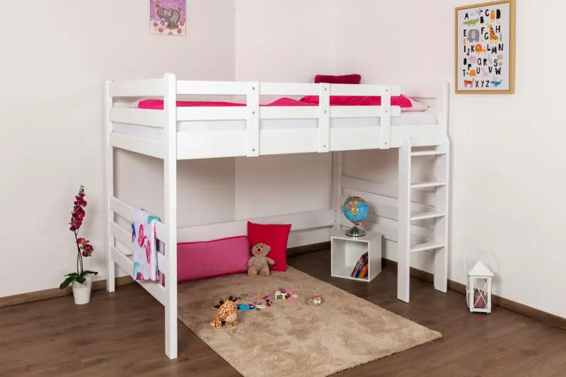 Weißes Kinder-Hochbett 120 x 200 cm | Massivholz: Buche | Weiß Lackiert | umbaubar in Einzelbett | Premium-Qualität | inkl. Rollrost Abbildung