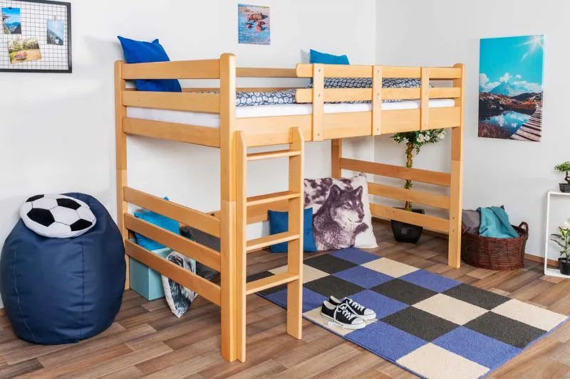 Kinder-Hochbett 120 x 190 cm (umbaubar) | Massivholz: Buche | Natur Lackiert | umbaubar in Einzelbett | Premium-Qualität | inkl. Rollrost Abbildung