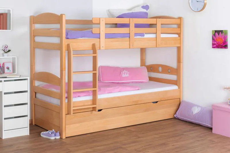 Jugendetagenbett 90 x 200 cm + Bettkasten/Stauraum/Ausziehbett | Massivholz: Buche | Natur Lackiert | umbaubar/teilbar in 2 Einzelbetten | inkl. Rollroste Abbildung