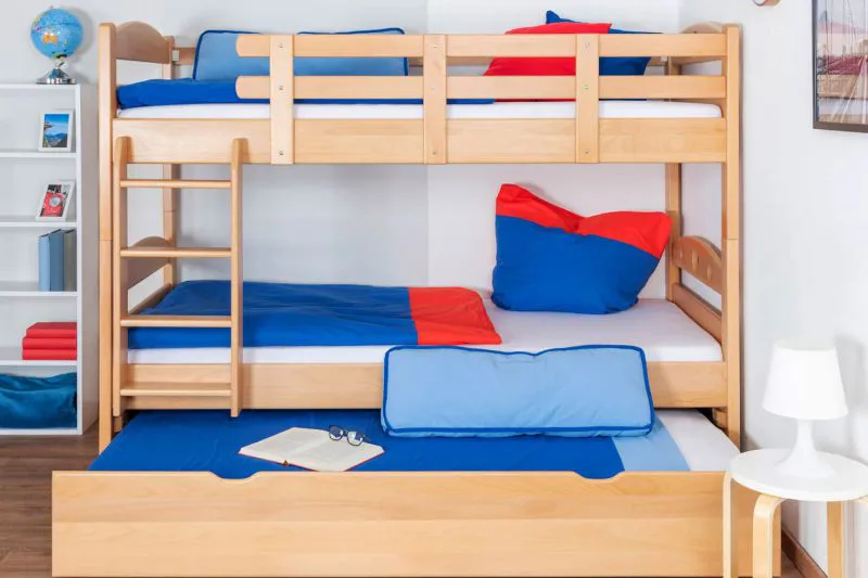 Jugendstockbett 90 x 200 cm + Bettkasten/Stauraum/Ausziehbett | Massivholz: Buche | Natur Lackiert | umbaubar/teilbar in 2 Einzelbetten | inkl. Rollroste Abbildung