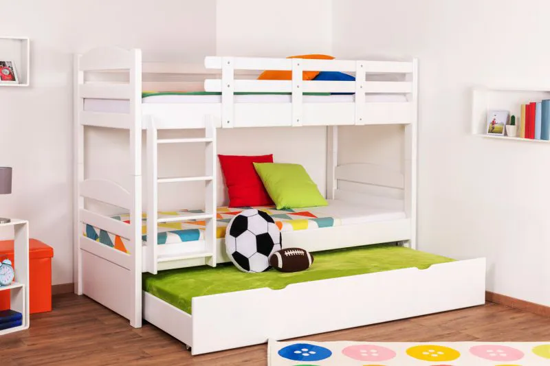 90 x 200 cm Kinderstockbett inkl. Bettkasten als 3. Liegefläche | Massivholz: Buche | Weiß Lackiert | umbaubar in 2 Einzelbetten | Bettkasten als Stauraum oder Liegefläche | inkl. Rollroste Abbildung