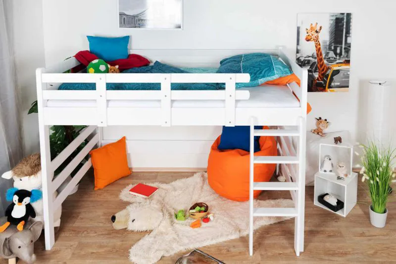 Weißes Kinder-Hochbett 120 x 190 cm | Massivholz: Buche | Weiß Lackiert | umbaubar in Einzelbett | Premium-Qualität | inkl. Rollrost Abbildung