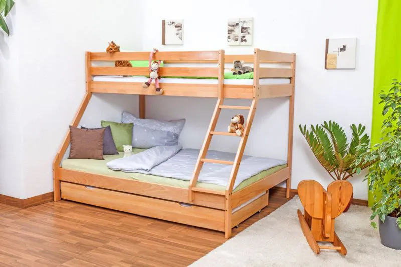 Stockbett für bis zu drei Kinder | unten 140x200 cm, oben 90x200 cm| Buche massiv | natur lackiert | inkl. Rollroste Abbildung