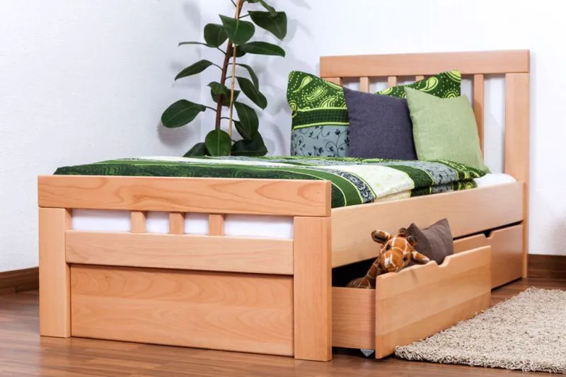 Bettrahmen für Kinder / Kinderbett 90 x 200 cm | Massivholz: Buche | Natur Lackiert | inkl. 2 Schubladen und Lattenrost | besonders hohe Qualität Abbildung