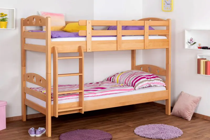Stockbett für Jugendliche 90 x 200 cm | Massivholz: Buche | Natur Lackiert | umbaubar in 2 Einzelbetten | inkl. Rollroste Abbildung