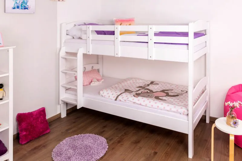 Etagenbett für Kinder 90 x 200 cm | Massivholz: Buche | Weiß Lackiert | umbaubar in 2 Einzelbetten | inkl. Rollroste Abbildung