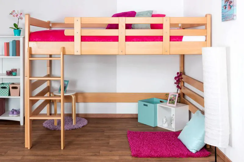 Hochbett für Kinder 120 x 200 cm | Massivholz: Buche | Natur Lackiert | umbaubar in Einzelbett | Premium-Qualität | inkl. Rollrost Abbildung