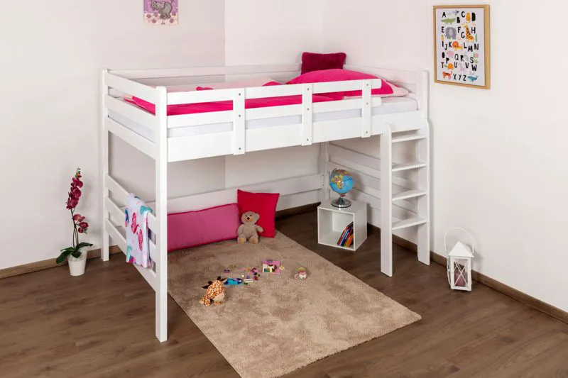 Jugendhochbett 120 x 200 cm | Massivholz: Buche | Weiß Lackiert | umbaubar in Einzelbett | Premium-Qualität | inkl. Rollrost Abbildung
