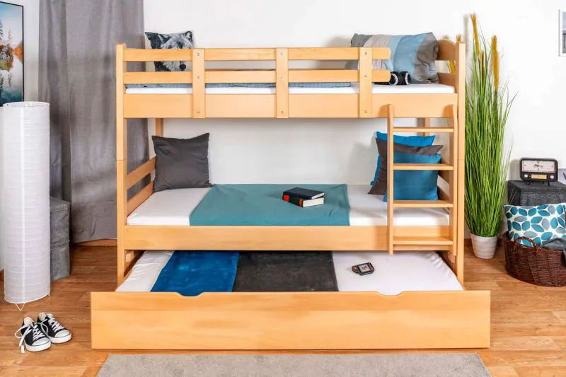 Etagenbett + Bettkasten/Unterkasten für Kinder 90 x 200 cm | Massivholz: Buche | Natur Lackiert | umbaubar in 2 Einzelbetten | inkl. Bettkasten | inkl. Rollroste Abbildung