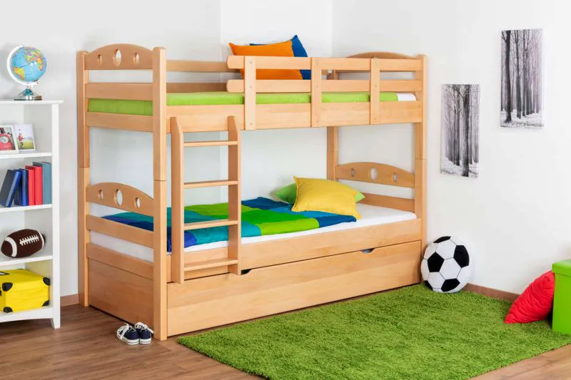 Etagenbett + Ausziehbett für Kinder 90 x 200 cm | Massivholz: Buche | Natur Lackiert | inkl. Bettkasten | umbaubar in 2 Einzelbetten | inkl. Rollroste Abbildung