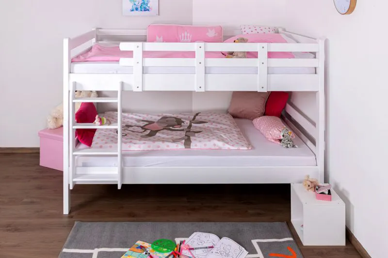 Stockbett für Kinder 120 x 200 cm | Massivholz: Buche | Weiß Lackiert | umbaubar in 2 Einzelbetten | inkl. Rollroste Abbildung