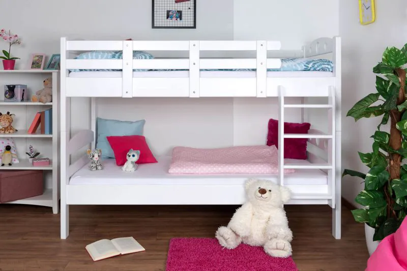 Stockbett für Jugendliche 90 x 190 cm | Massivholz: Buche | Weiß Lackiert | umbaubar in 2 Einzelbetten | inkl. Rollroste Abbildung