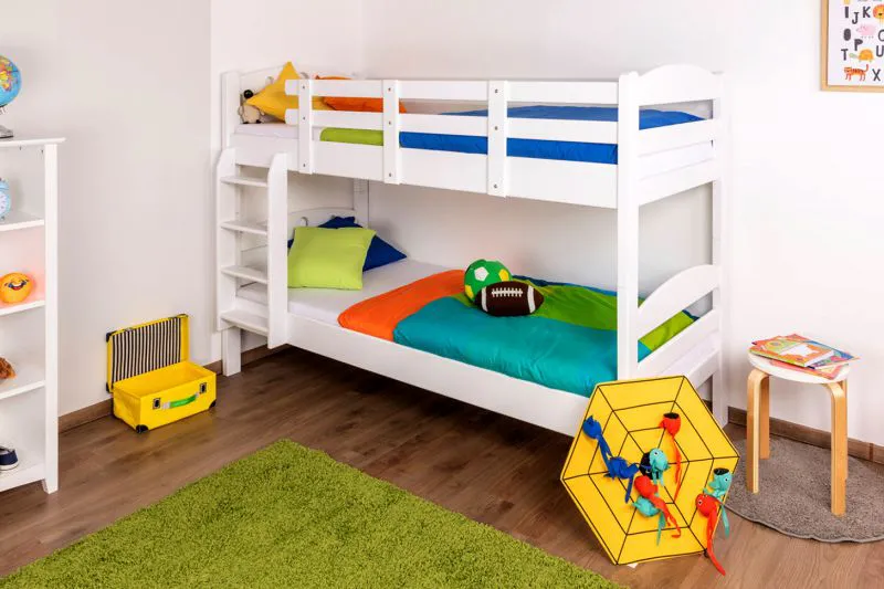 Stockbett für Kinder 90 x 200 cm | Massivholz: Buche | Weiß Lackiert | umbaubar in 2 Einzelbetten | inkl. Rollroste Abbildung