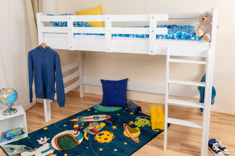 Jugendhochbett 90 x 200 cm | Massivholz: Buche | Weiß Lackiert | umbaubar in Einzelbett | Premium-Qualität | inkl. Rollrost Abbildung