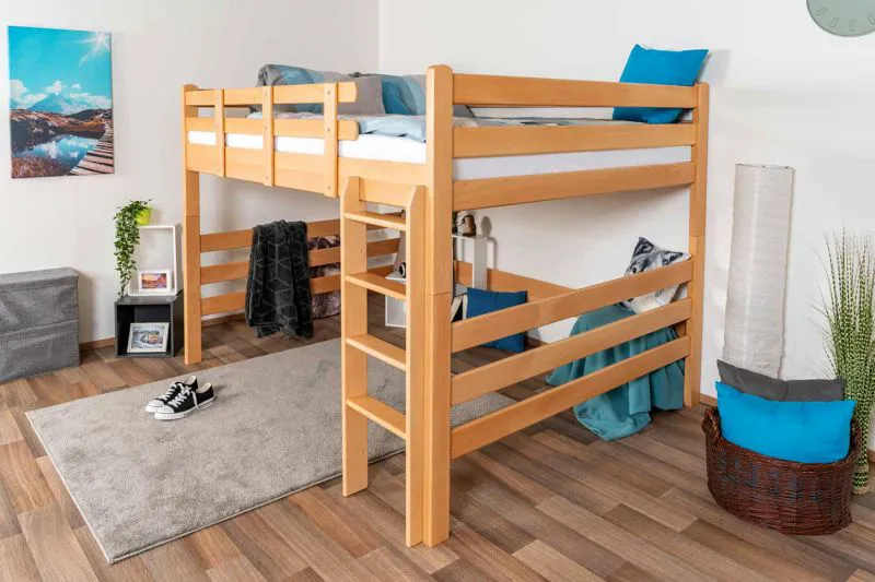 Hochbett für Kinder 160 x 200 cm | Massivholz: Buche | Natur Lackiert | umbaubar in Einzelbett | Premium-Qualität | inkl. Rollrost Abbildung