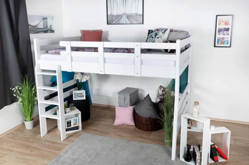 Hochbett für Kinder 160 x 190 cm | Massivholz: Buche | Weiß Lackiert | umbaubar in Einzelbett | Premium-Qualität | inkl. Rollrost Abbildung