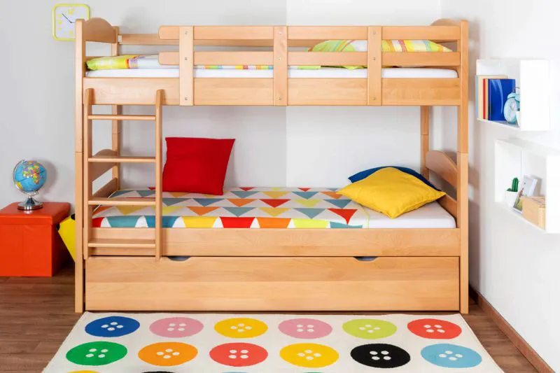 Stockbett + Ausziehbett für Kinder 90 x 200 cm | Massivholz: Buche | Natur Lackiert | inkl. Stauraum/Ausziehbett | umbaubar in 2 Einzelbetten | inkl. Rollroste Abbildung