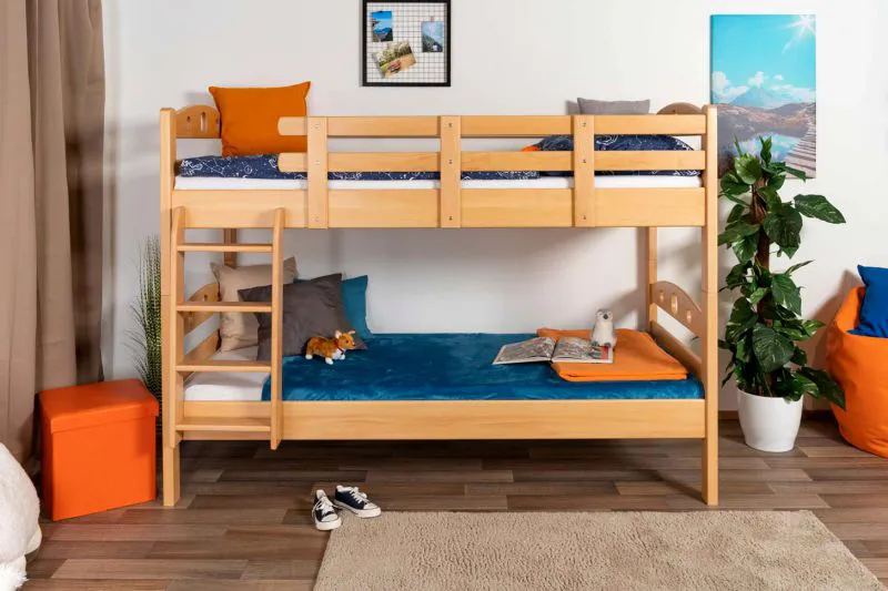 Stockbett für Jugendliche 90 x 190 cm | Massivholz: Buche | Natur Lackiert | umbaubar in 2 Einzelbetten | inkl. Rollroste Abbildung