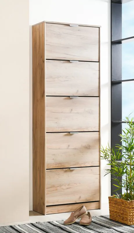 Schuhschrank im modernen Design Gradide 06, Farbe: Eiche Grau, fünf Kipptüren, ABS-Kanten, Maße: 191,5 x 67 x 28 cm, 10 Fächer, schmaler Schuhschrank