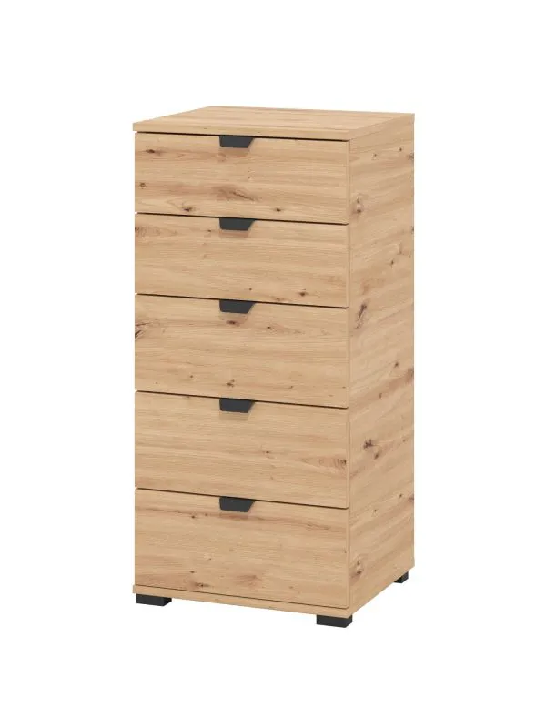Hohe Kommode mit fünf Schubladen Pecini 07, Farbe: Eiche Artisan, ABS-Kantenschutz, Maße: 95 x 45 x 40 cm, Griffe & Beine: Schwarz, modernes Design