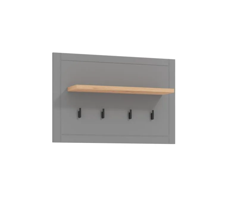 Garderobe mit vier Haken Banat 25, Farbe: Eiche Artisan / Graphitgrau / Grau Matt, eine Ablagefläche, ABS-Kanten, Maße: 57 x 86,5 x 19,5 cm, für den Vorraum