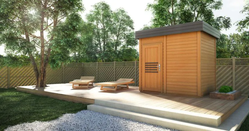 Gartensauna Tihama 40 mm, Außenmaße (B x T): 254 x 204 cm - Farbe: Eiche / Anthrazit