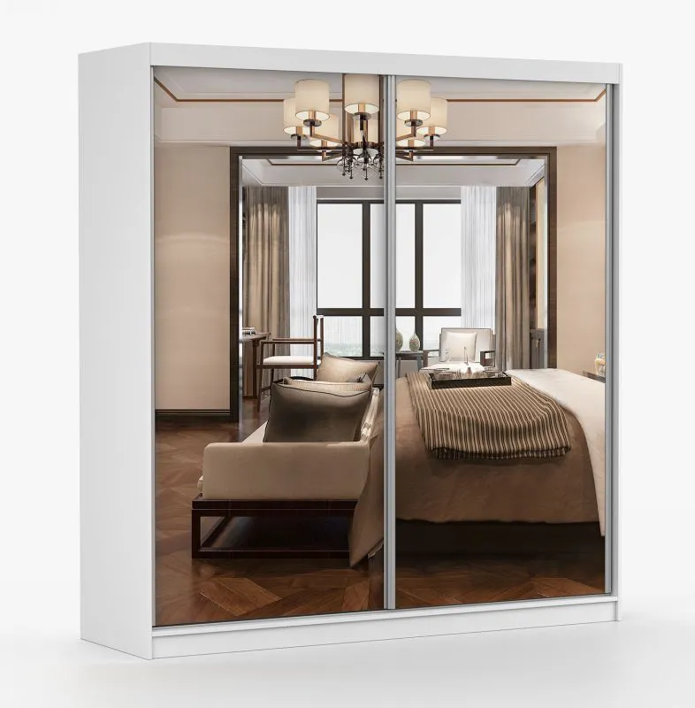 2 Meter breiter Schiebetürenschrank / Kleiderschrank mit Spiegel | Weiß | Gorski 29 | 218 x 203 x 61 cm | 2 Türen | 6 Fächer | Einfarbiges Design