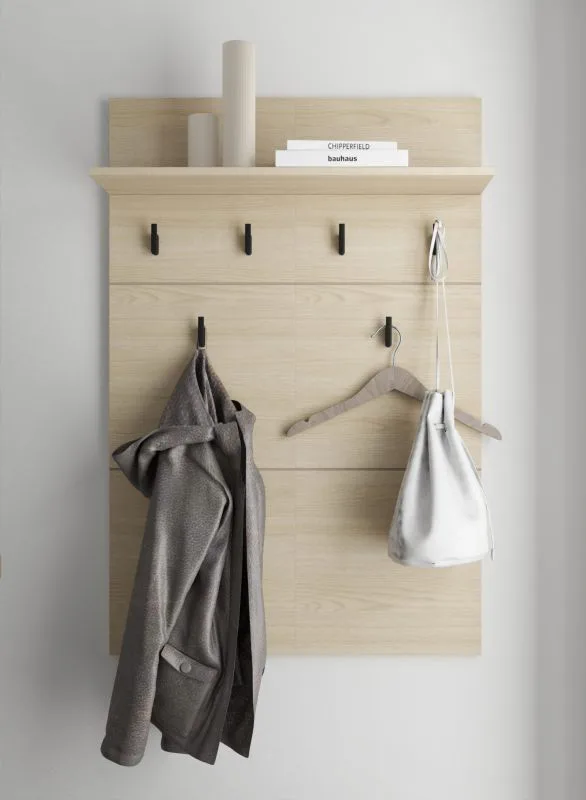 Garderobe | 6 Haken | Farbe: Eiche light Port | ABS-Kanten | 1 Ablagefläche | Maße: 77 x 19,5 x 115 cm | Haken: Schwarz | für den Eingangsbereich