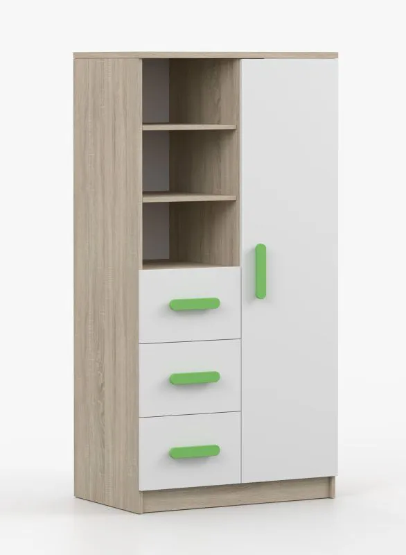 80 cm breites Regal | Smolikas 28 | Weiß / Sonoma Eiche | 3 Schubladen | 159 x 80 x 40 cm | grüne Holzgriffe |7 Fächer | Kinder | Jugend