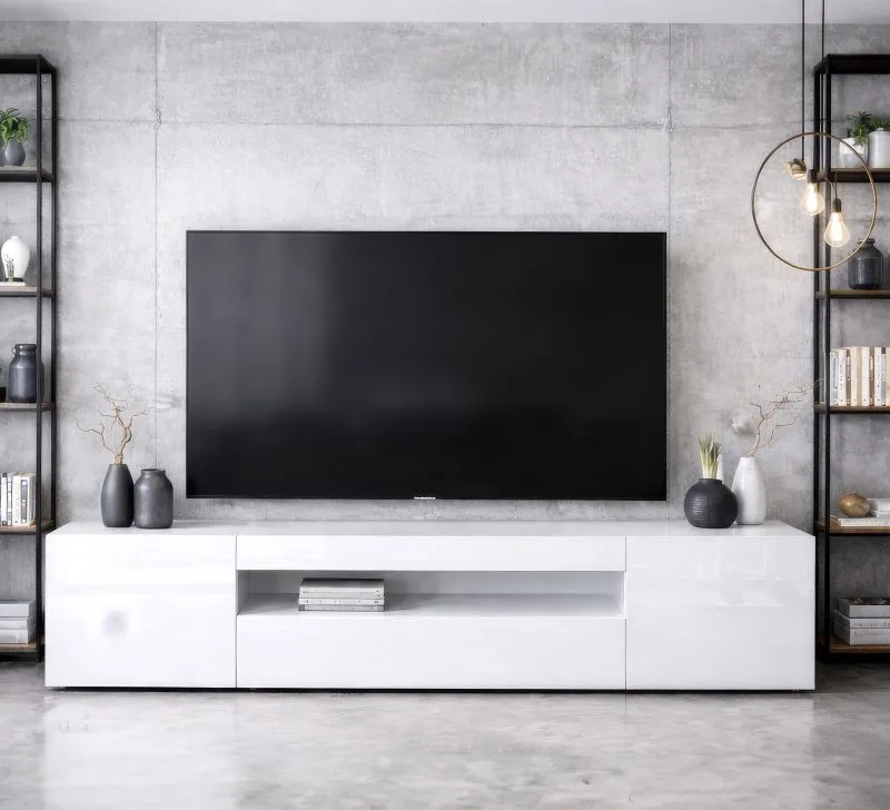 TV-Unterschrank Silvado 2 | Weiß Hochglänzend | 200 x 40 x 45 cm| großes Kippfach mit 2 Fächern | Griffloses Design | Robust & Langlebig | vollständig lackiert