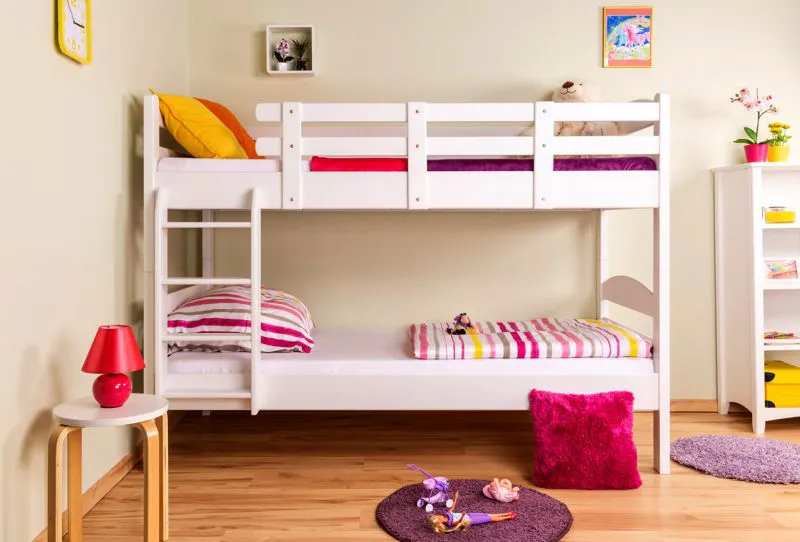 Stockbett für Kinder 90 x 200 cm | Massivholz: Buche | Weiß Lackiert | umbaubar in 2 Einzelbetten | inkl. Rollroste Abbildung
