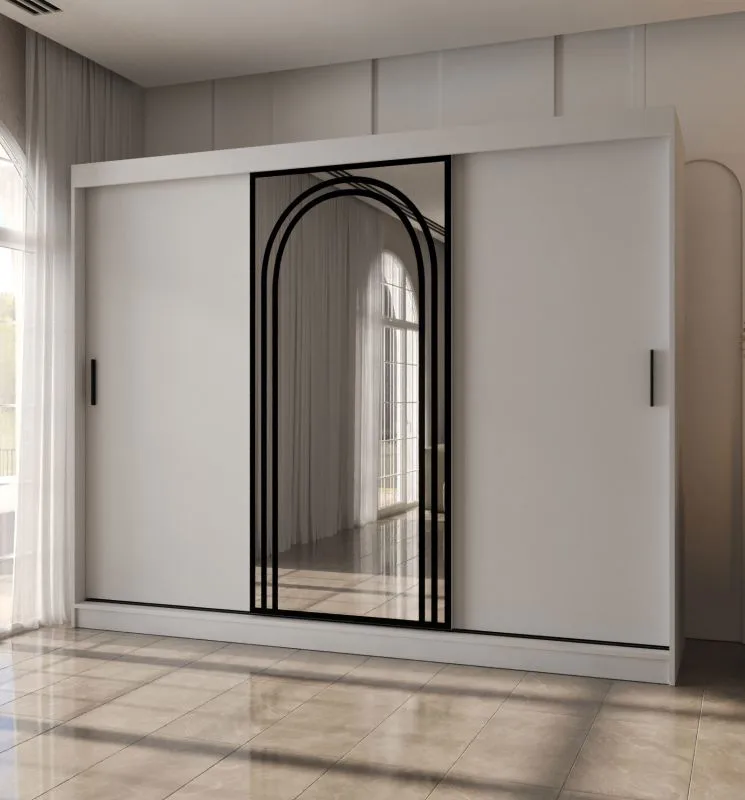 Schiebetürenschrank | Weiß Matt | 10 Fächer | 2 Kleiderstangen | 250 x 62 x 200 cm | Kleiderschrank | Spiegeltür | hochwertig Verarbeitet | modernes Design