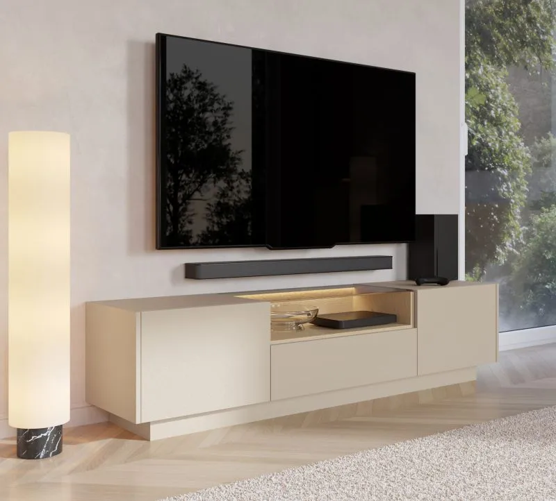 TV-Unterschrank | Farbe: Beige / Eiche Cremona | 2 Drehtüren | inkl. LED-Beleuchtung | 3 Fächer | 176 x 40 x 43 cm | Push-to-open Funktion | TV-Möbel | 1 Schublade