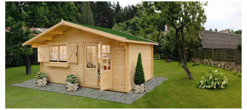 Holz-Gartenhaus 3,98 x 4,46 Meter (inkl. Dach) | Naturbelassen | Satteldach | 34 mm Blockbohlen-Haus Abbildung
